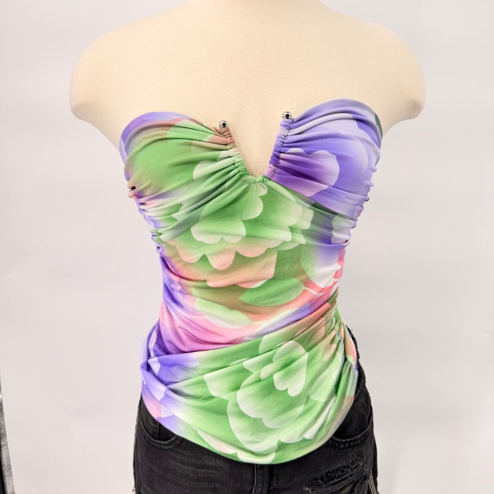 YOYO5 Ruched Floral Tube Top Womens Small Purple Green V-Neck Sweetheart USA